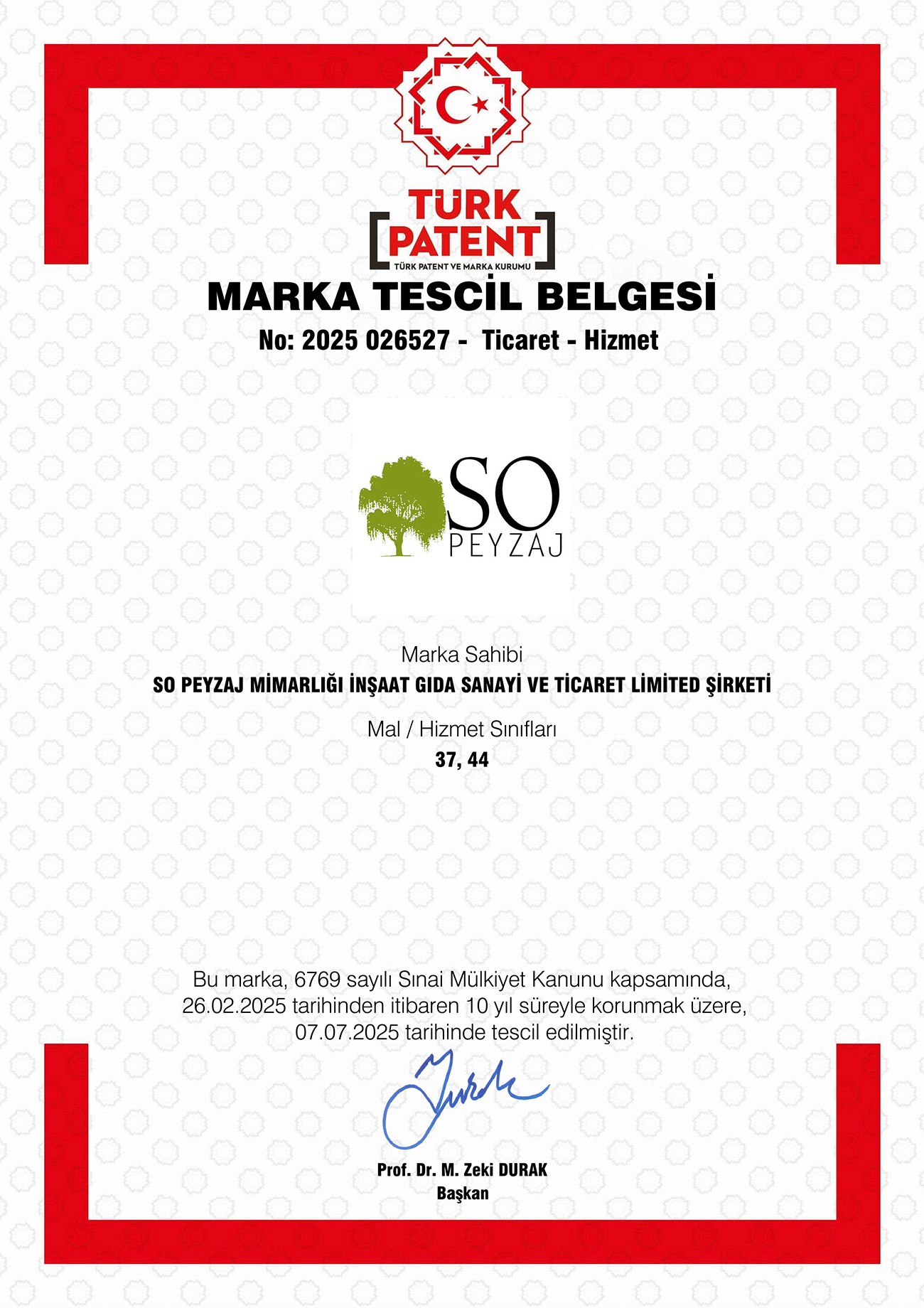 SO Peyzej Mimarlık Marka Tescil Belgesi